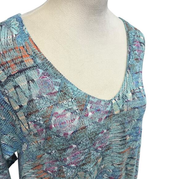 Artsy Boho Knit Top Nally & Millie Abstract Floral V-Neck 3/4 Sleeve‎ M - Picture 2 of 8